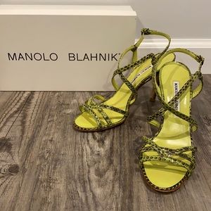 Manolo Blahnik Green Snakeskin Leather Strappy Sandals Heels Shoes